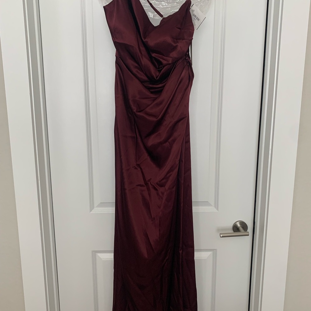 David's Bridal Burgundy One Shoulder Cowl Neck Gown